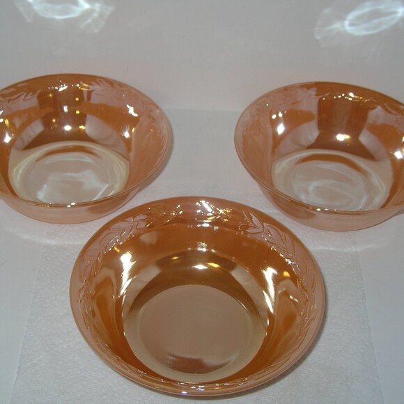 3 Vintage Fire King Peach Luster LAUREL LEAF BOWLS Oven Ware 8.25"x2.75"T USA B - Picture 1 of 5